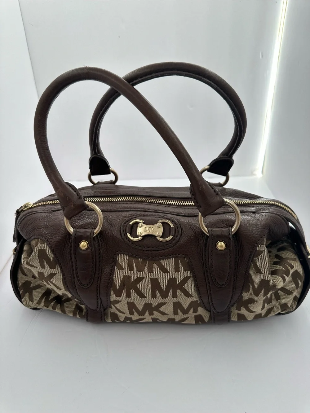 Vintage Michael Kors Brown MK Monogram Leather Satchel Bag Y2K Shoulder Purse